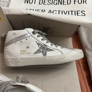 Golden Goose White and Silver Mid Star Sneakers